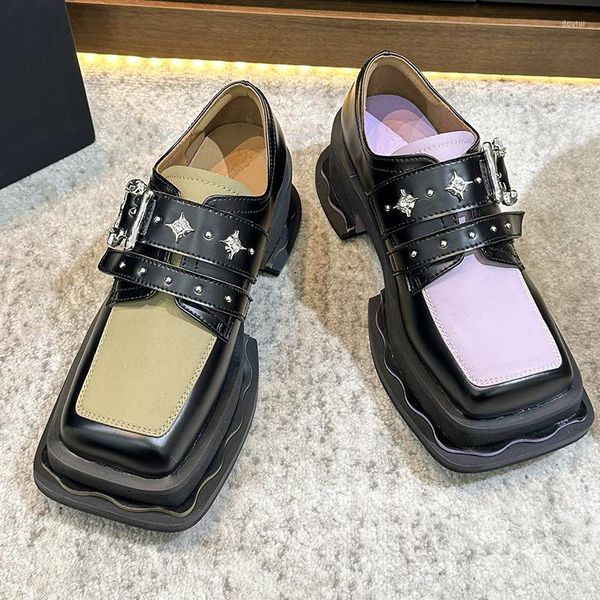 

dress shoes retro square toe thick soled loafers arrivel fashion women buckle strap mixed colors chaussure femme, Black