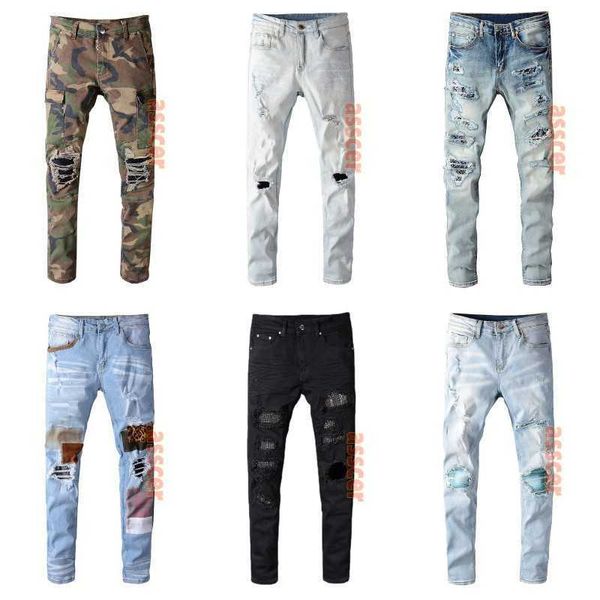 

designer mens distressed jeans ripped biker slim fit motorcycle jeans for man skinny denim pants size 28-40, Blue
