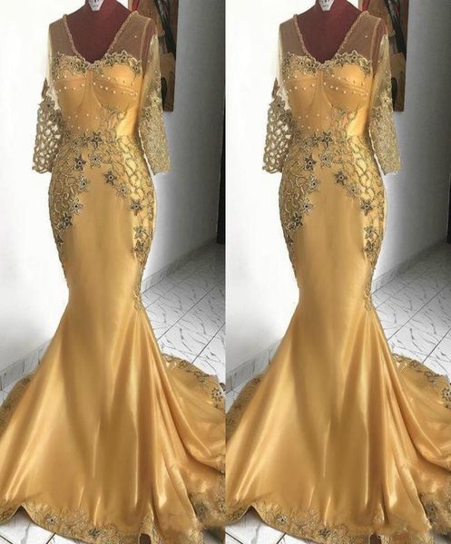 

gold mermaid african evening dresses v neck appliqued beaded long sleeves prom dress plus size women formal mother of the bride dr1175853, Black;red
