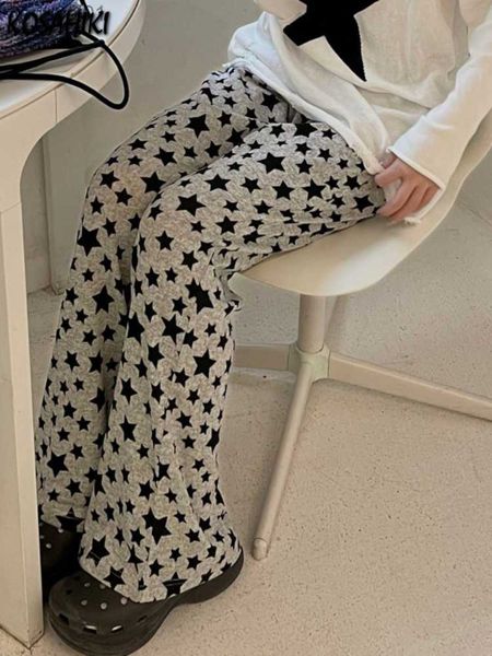 

y2k aesthetic grunge stars print womans pantalones mujer loose 2023 harajuku flare pants vintage streetwear high waist trousers l230621, Black;white