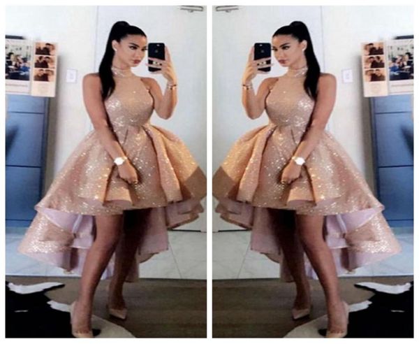 

bling bling sequins rose gold high neck prom dresses 2020 short front long back sleeveless formal party evening gowns vestido3925959, Black