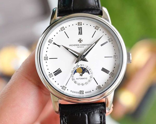 

designer elegant writ watch vc moonphase watches for men ye0x eta28246 mechanical movement 40 mm uhr monter luxe leather strap with box, Slivery;golden