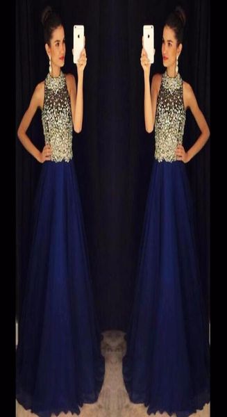 

elegant a line royal blue prom dresses high neck beaded crystals chiffon long evening dresses prom gown robe de soiree 6318322, Black