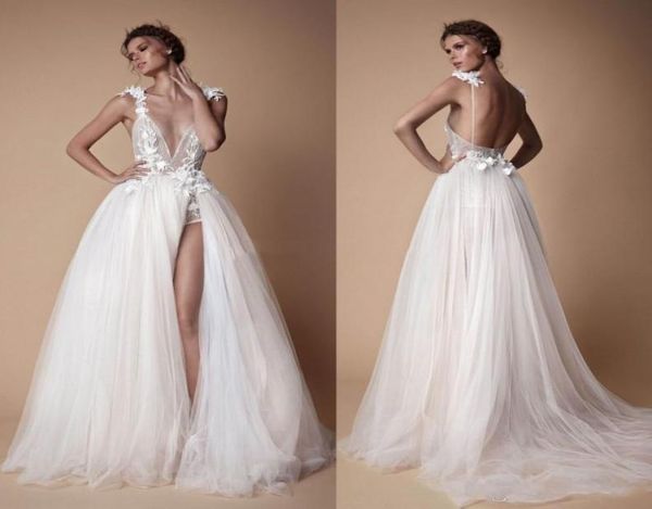 

backless 2022 bohemian boho berta wedding dresses lace 3d appliqued a line deep v neck beach bridal gown tulle split side wed2279382, White
