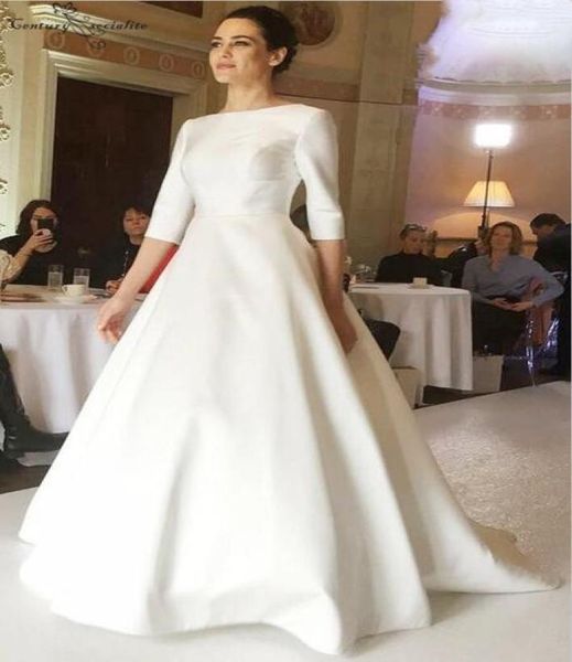 

satin wedding dresses 2019 simple aline 34 long sleeves button back sweep train ivory bridal gowns plus size vestido de noiva5507394, White