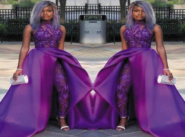 

purple evening dresses blingbling lace beading illusion long prom gowns satin overskirts black african long jumpsuits2588851, Black;red