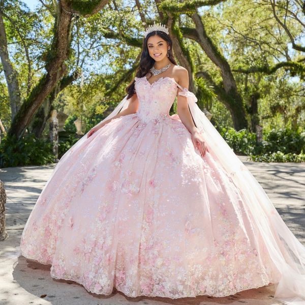 

pink princess quinceanera dress 3d appliques beading sweetheart handmade flower with cape ball gowns vestidos de 15 anos, Blue;red