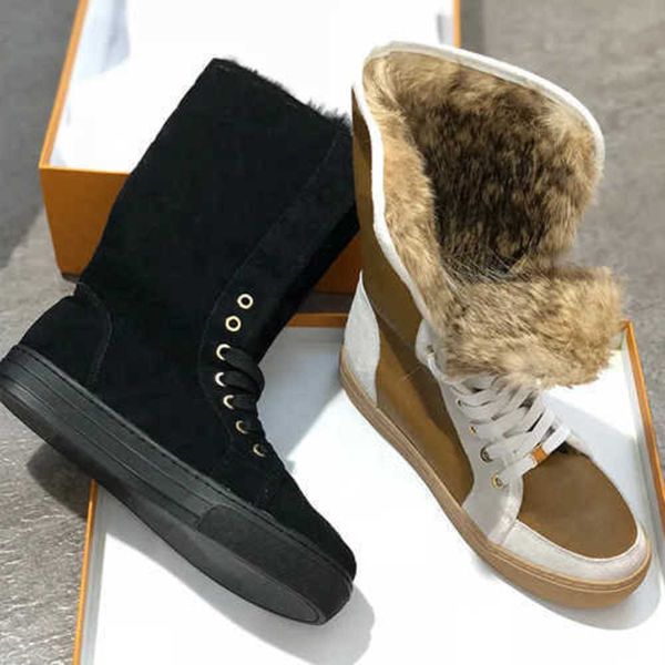 

fashion suede leather rabbit fur winter boots flat shoes for women australia booties high snow boots fur boots sneaker no16, Black