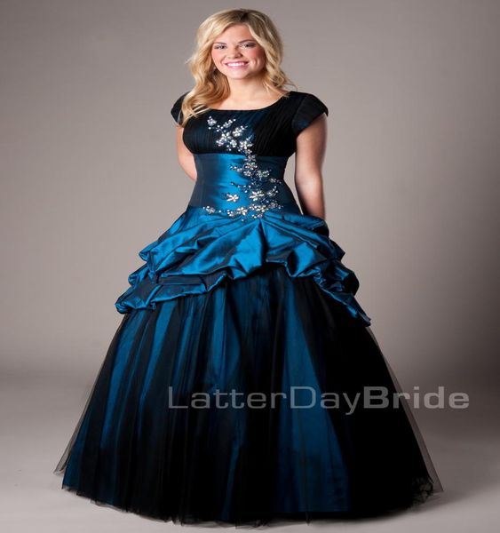 

royal blue black long ball gown modest prom dresses with cap sleeves vintage short sleeves taffeta seniors puffy prom party dresse9475578