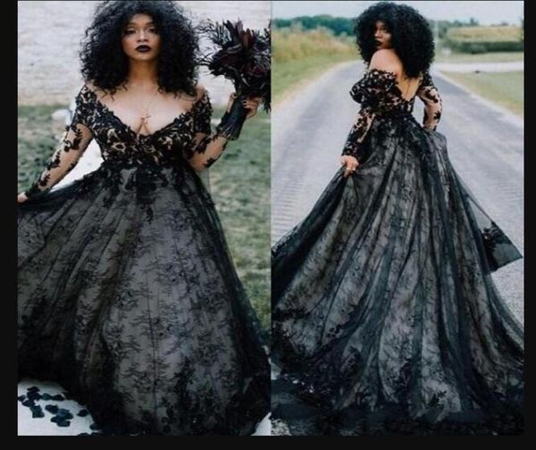 

goth country wedding dresses a line v neck long sleeve sweep train bridal gowns with black lace applique wedding gowns for beach g9830510, White