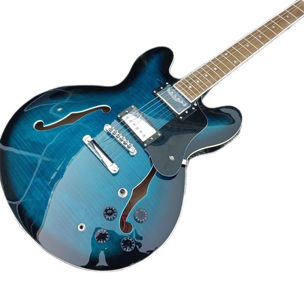

jazz, blue tiger veneer, double f empty, half empty guitar factory customization