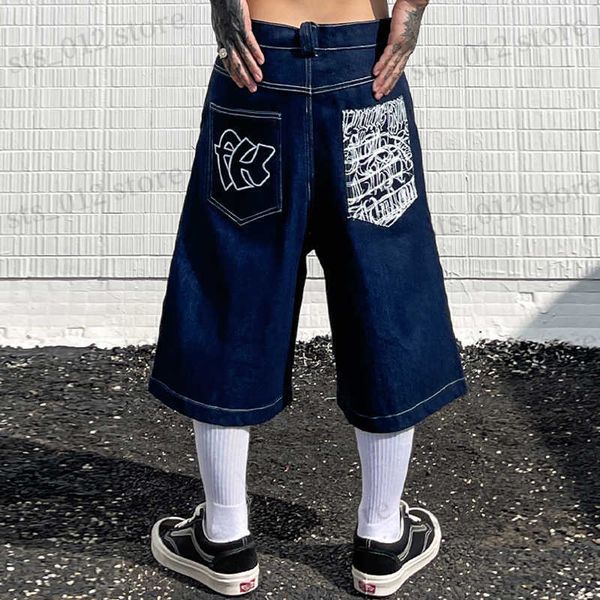 

men's shorts hip hop pockets embroidery letter print jeans shorts for men summer retro oversized wide leg denim knee lenght pants t2307, White;black