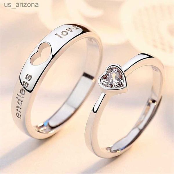 

2pcs/sets zircon heart matching couple rings set forever endless love wedding ring for women men charm valentine's day jewelry l230620, Silver