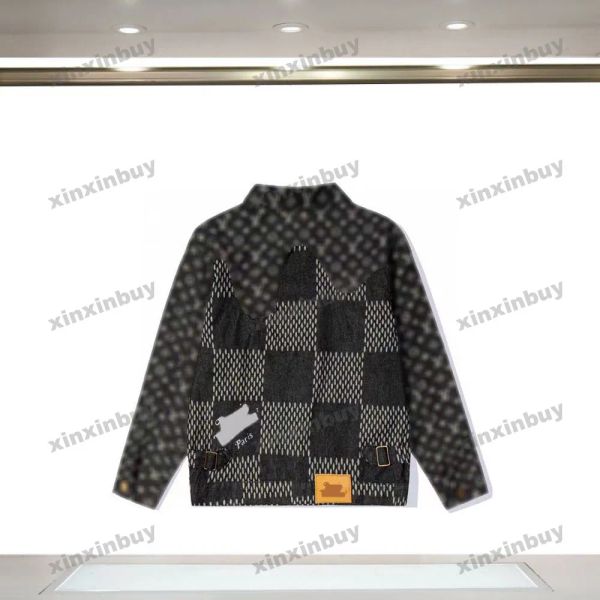

xinxinbuy men women designer jacket coats plaid destroyed jacquard letter embroidery washed denim casual pants black blue s-2xl2807, Black;brown