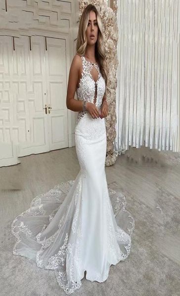 

amelia sposa full lace appliques mermaid wedding dresses 2021 jewel neck chapel train plus size backless bridal party gowns6361379, White