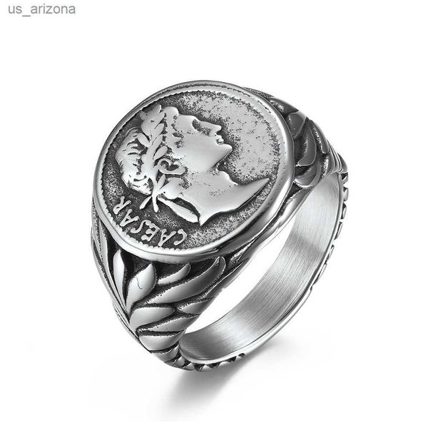 

roman gaius julius caesar head rings vintage stainless steel coin jules caesar ring for men male warrior jewelry l230620, Silver