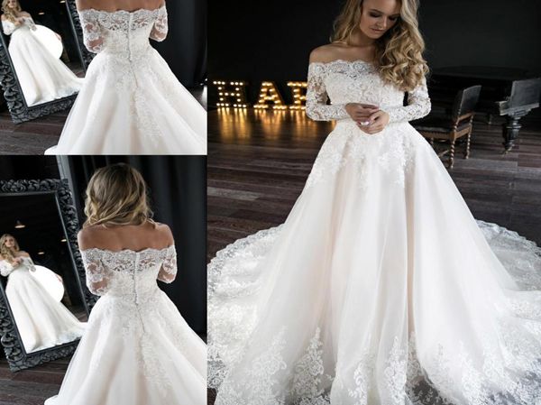 

off the shoulder wedding dresses long sleeve bead lace tulle wedding dress bridal gowns aline bride formal gown9112831, White