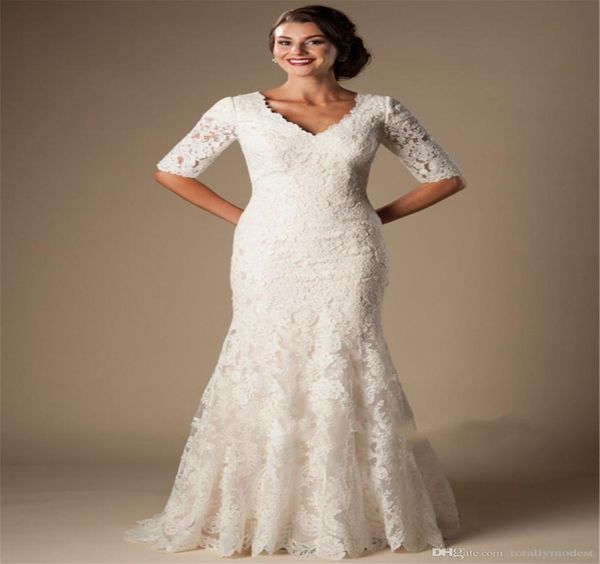 

ivory vintage lace mermaid modest wedding dresses with half sleeves v neck elbow sleeves length temple wedding gowns vestido de no2001501, White