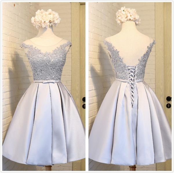 

new crew neck silver gray satin a line homecoming dresses tulle lace applique backless party graduation prom dresses with lac5651108, Blue;pink