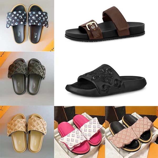 

designer womens mens slipper woman brand slides italy flat sandals pool pillow mules sunset padded front strap mule house slippers platform, Black