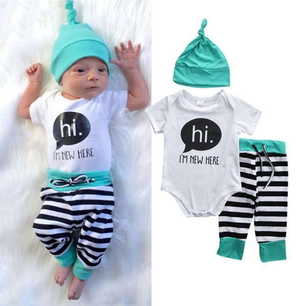 

2018 winther autumn baby sets 3pcs cotton newborn kids boys girls hi i039m new here letters printed romperstriped long p8399146, White