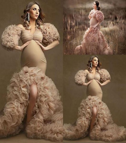 

2022 ruffles champagne tulle kimono women evening dresses robe poshoot half sleeves off shoulder prom gowns african mermaid spl9978670, Black;red
