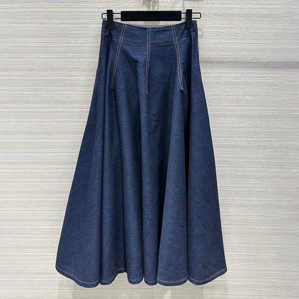 

luxury mid length pleated style high waist dress for women 100% cotton long elegant skirt blue lightweight denim timeless modern female clot, Black