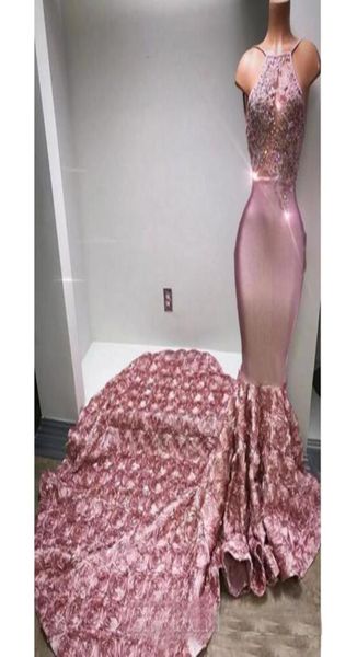 

cascading ruffles rose pink long prom dresses halter back rose flower sweep train appliques beaded sequined mermaid evening d6777463, Black