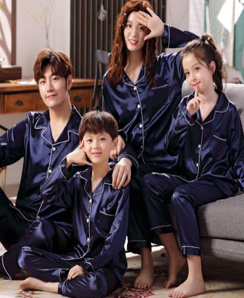 

family pajamas set silk satin women kids family matching clothes children female sleep two piece set loungewear plus 1877 y28338318, Blue