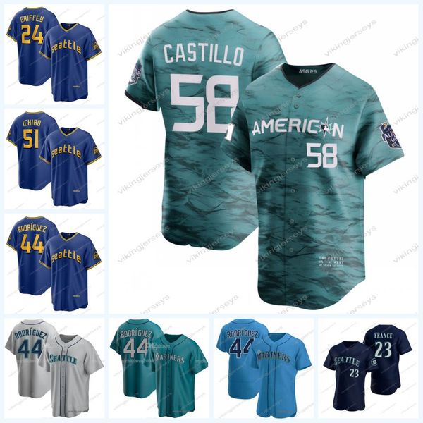 

mariners 2023 all star jersey 44 julio rodriguez 68 george kirby 58 luis castillo, Blue;black