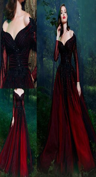 

elegant red prom dresses luxury off shoulder illusion long sleeve sequins beaded evening dresses bling special occasion dresses7641129, Black