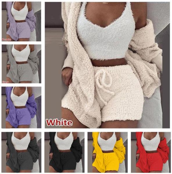 

ins winter fleece pajamas set women homewear long sleeve coat outwear sleeveless vest shorts 3 piece outfits soft plush sleepw7522758, White