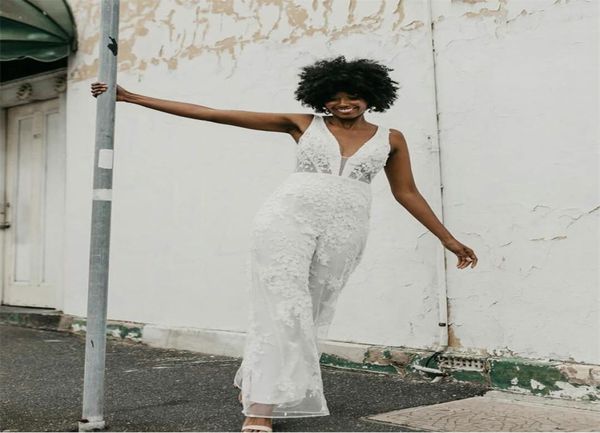

chic jumpsuit wedding dress lace appliques sleeveless deep v neck bridal gowns ankle length backless gorgeous robe de mariee9917392, White