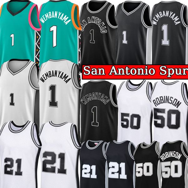 

victor wembanyama''spurs" basketball jerseys san men antonio retro tim david 50 robinson mitchell and ness black green city j, Black;red