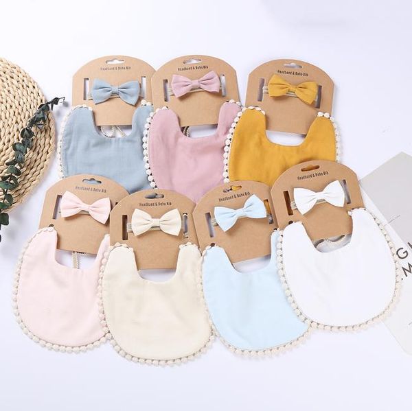 

2pcslot soft cotton baby boy girl bib bamboo waterproof feeding burp clothes bow hair nylon bands solid saliva towel scarf7875025