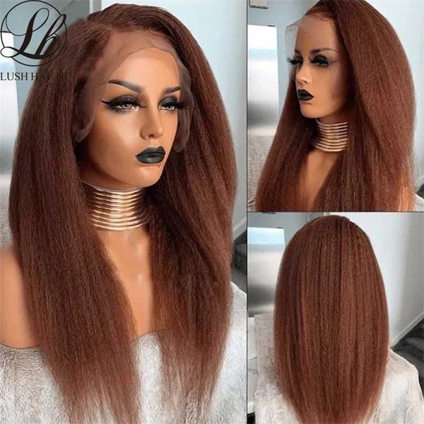 

reddish brown 13x4 lace front wig kinky straight wigs 180% density yaki wigs synthetic heat resistant afro wigs for women 230524, Black;brown