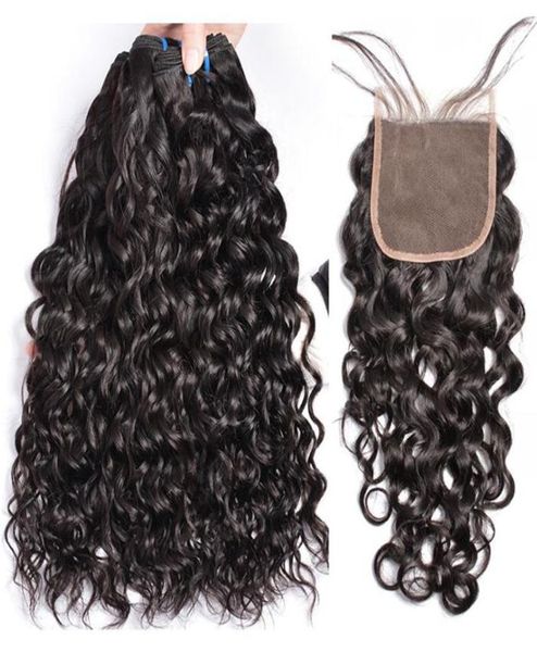 

8a mink peruvian virgin hair with closure extensions 3 bundles brazilian water wave hair with 4x4 lace closure remy human hair wea3004064, Black
