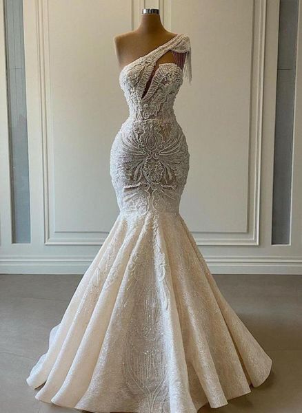 

2021 arabic aso ebi lace beaded mermaid wedding dresses bridal gowns one shoulder vintage luxurious bling full pearls beading1878255, White