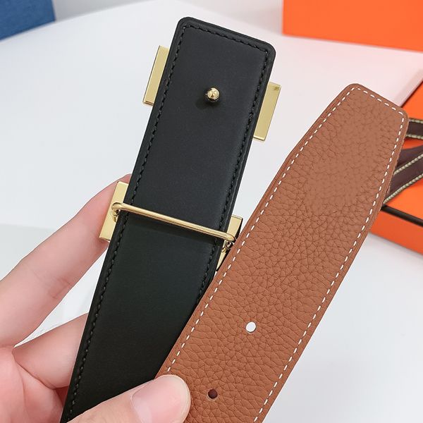 

h belt 38mm leather belt double sided calfskin make titanium steel gold plated brushed process belt buckle t0p official replica 5a european, Black;brown