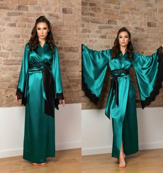 

vneck women bathrobes long sleeve satin silk lace bridal robe floorlength women lingerie nightgown pajamas sleepwear housew5318605, White;pink