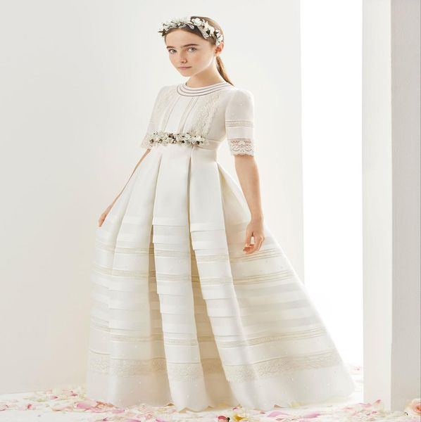 

ivory flower girls dresses for weddings half long sleeves lace hand made flower ruffles satin girls pageant dress first communion 8416565, White;blue