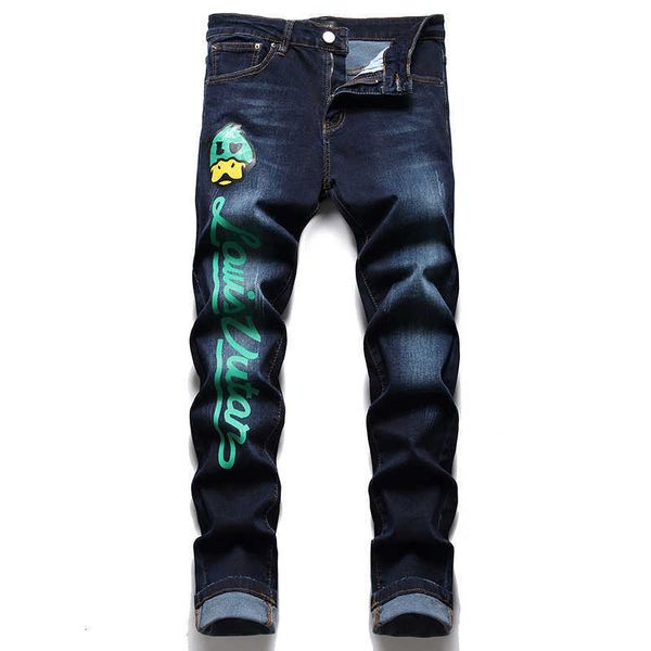 

2023letter print stretch slim skinny pants dark blue all-match male trousers pantalons pour hommes