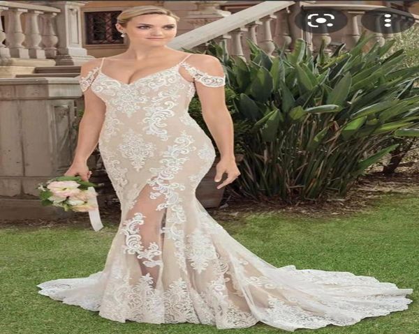 

2022 new crystal mermaid wedding dresses see through lace appliqued bridal gowns luxurious sequined dubai wedding dress customise9471563, White
