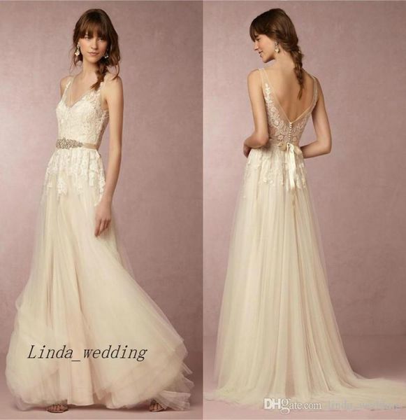 

2019 new summer boho beach vintage wedding dress aline sheer vneck long backless bridal gown plus size custom made vestido3224140, White