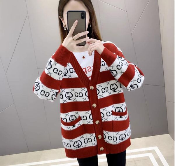 

women's sweaters cardigan fashion loose v-neck diamond knitted sweater button stitching striped versatile jacket, White;black
