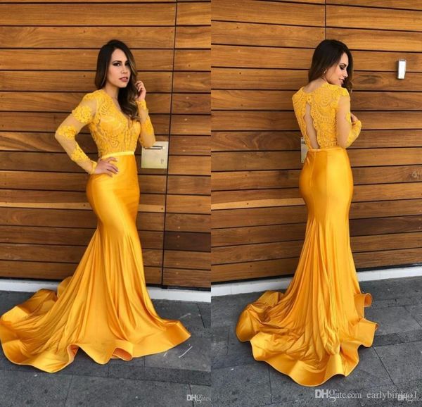 

yellow lace mermaid prom party dresses vintage sheer lace vneck evening gowns formal red carpet dress with long sleeves7097864, Black