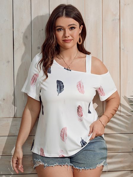 

women's plus size tshirt finjani feather print asymmetrical neck tee women casual colorblock short sleeve loose 230705, Black