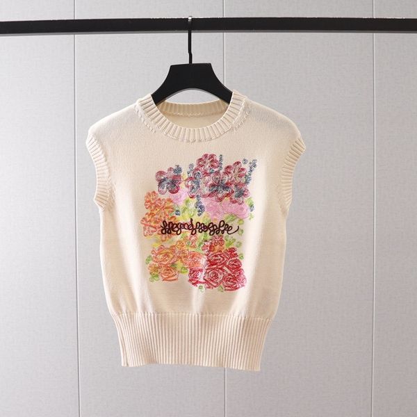 

2023 new summer heavy craft color embroidered knitted cotton sleeveless versatile knit slim fit skinny knitwear, White