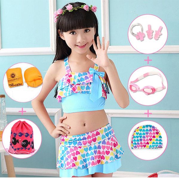 

2023 summer baby girl swimwear sets children bathing suit kids beachwear swimsuits with swimming cap goggles nose clip ear plug, Blue