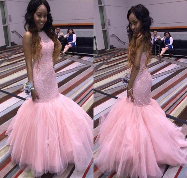 

pink mermaid tulle prom dresses african girls halter neck beadings sequins backless long evening gowns ba70604936480, Black;red